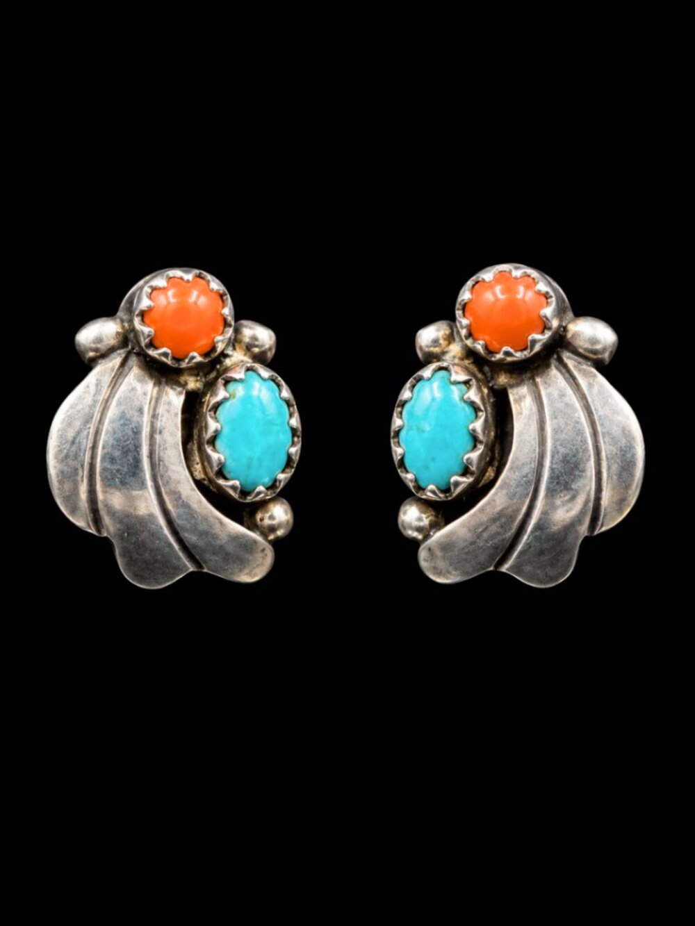 Vintage Native American Sterling Silver Turquoise and Coral Post Earrings in Box